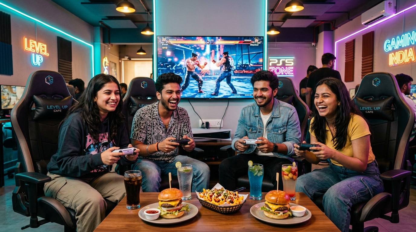 Gamers playing PS5 at Yuva Game Zone with burgers and cold drinks